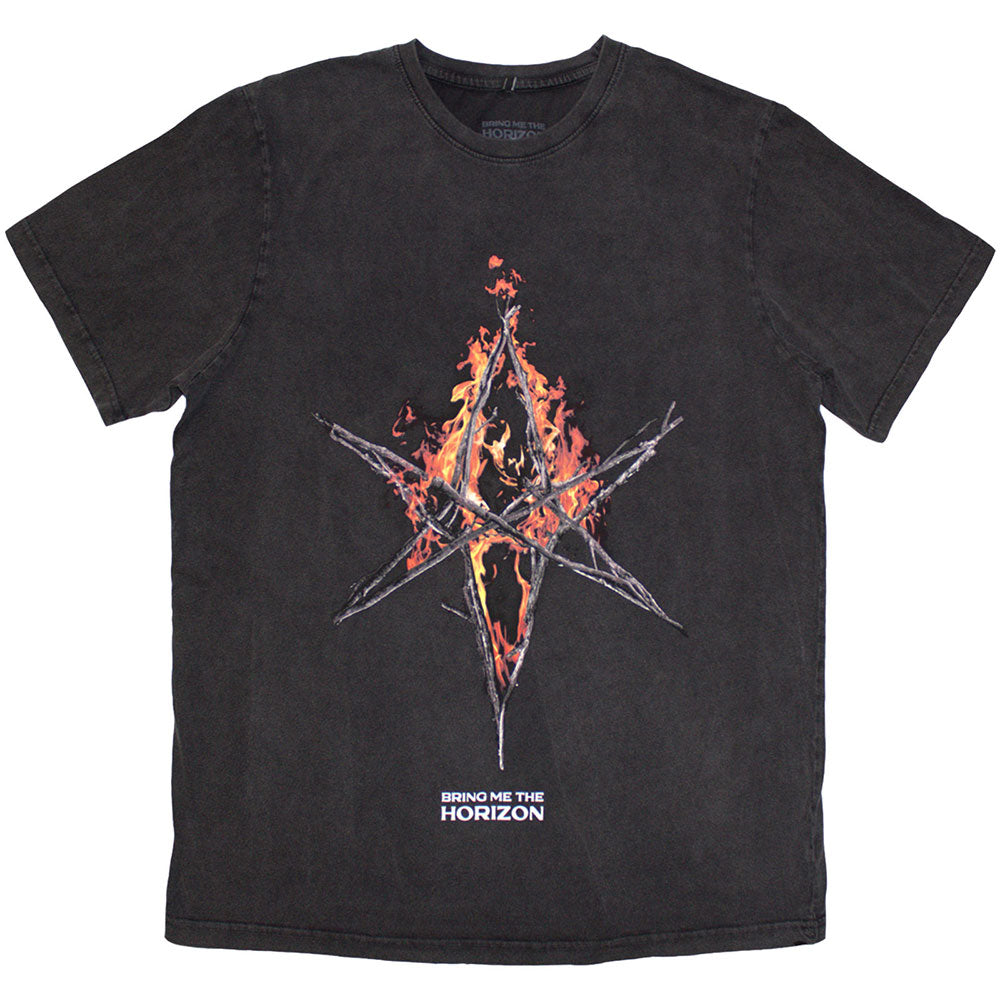 Bring Me The Horizon Unisex T-Shirt: Flame Hex & Text Logo (Grey Wash) (Wash Collection)