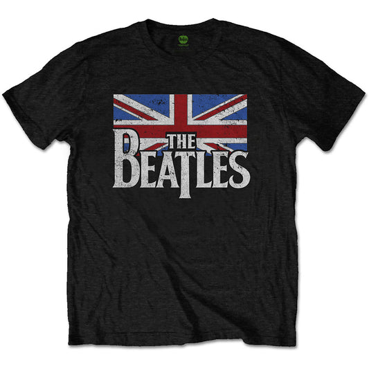 Beatles Unisex T-Shirt: Drop T Logo & Vintage Flag (Black)