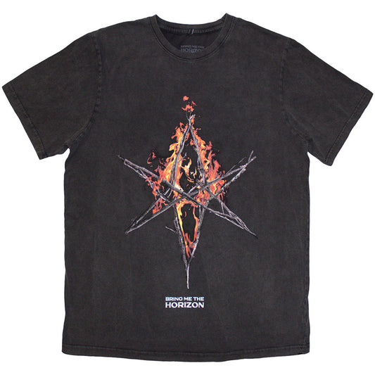 Bring Me The Horizon Unisex T-Shirt: Flame Hex &amp; Text Logo (Grey Wash) (Wash Collection)