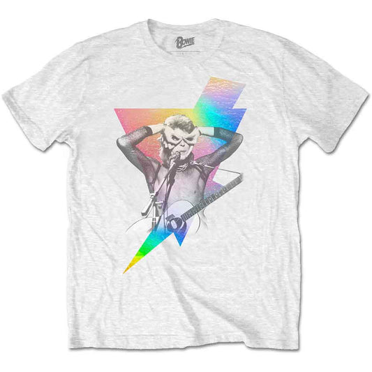 Bowie David Unisex T-Shirt: Holographic Bolt Foiled Print (White) (Embellished)